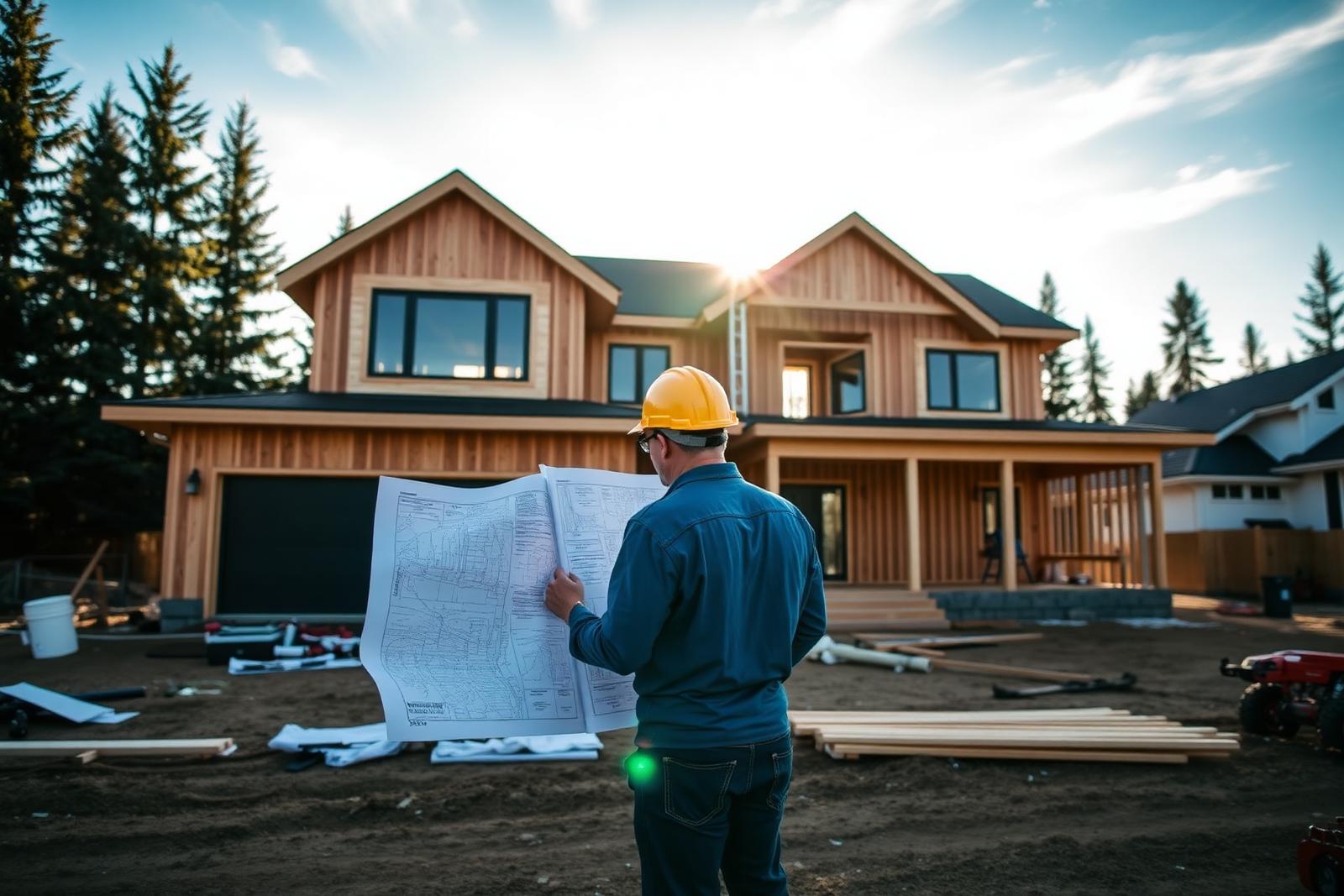 BlackTop Properties project manager reviewing plans on an Edmonton custom home construction site