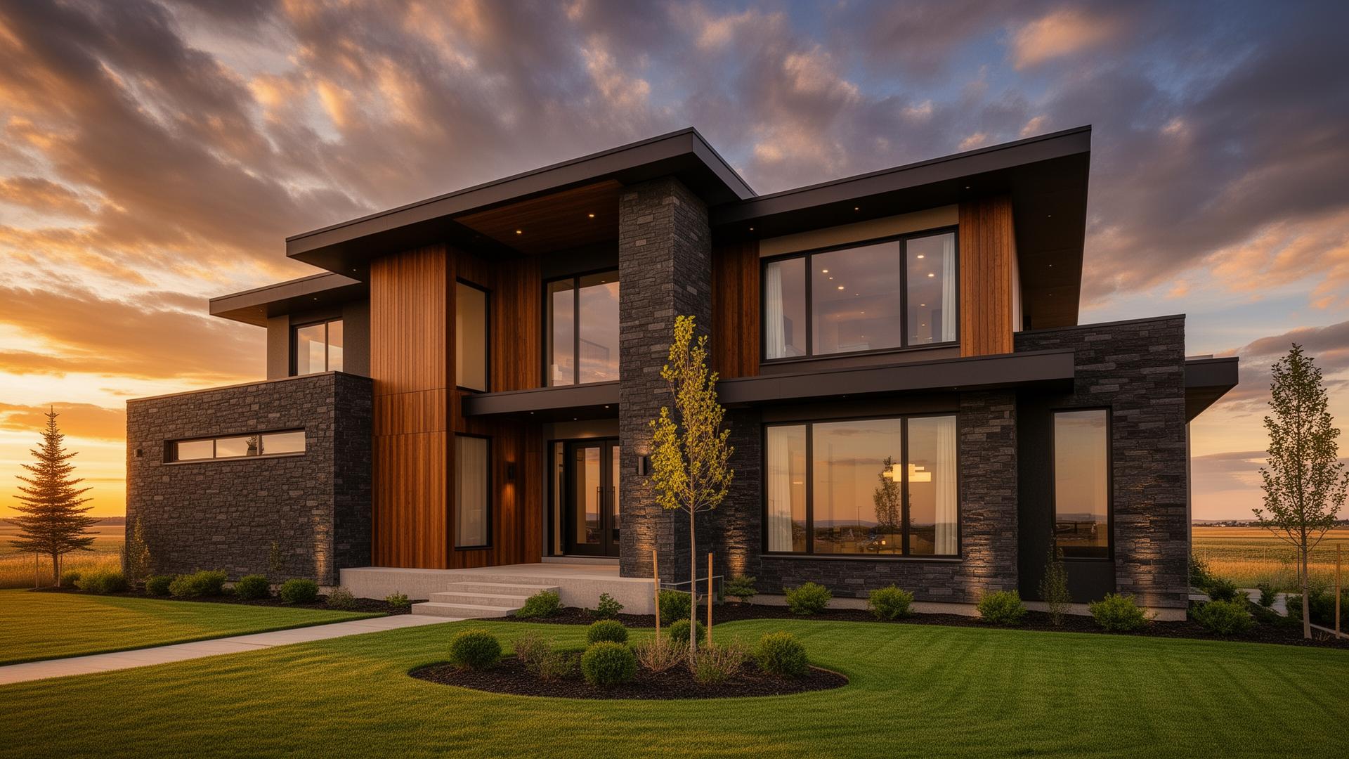 Modern Edmonton custom home at golden hour